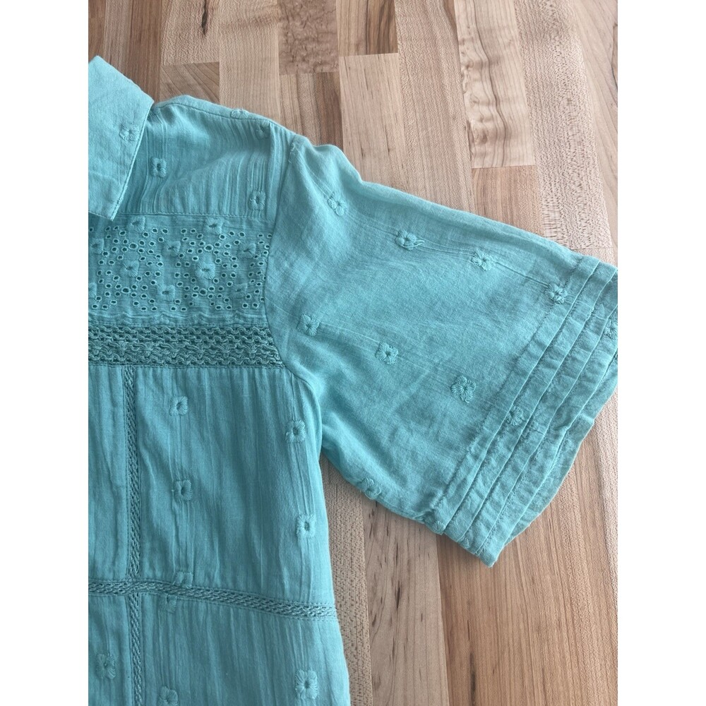 Layerz NWT 100% Cotton Collared Shirt Dress Flowy Gauzy Eyelet Seafoam Green M - Picture 3 of 12